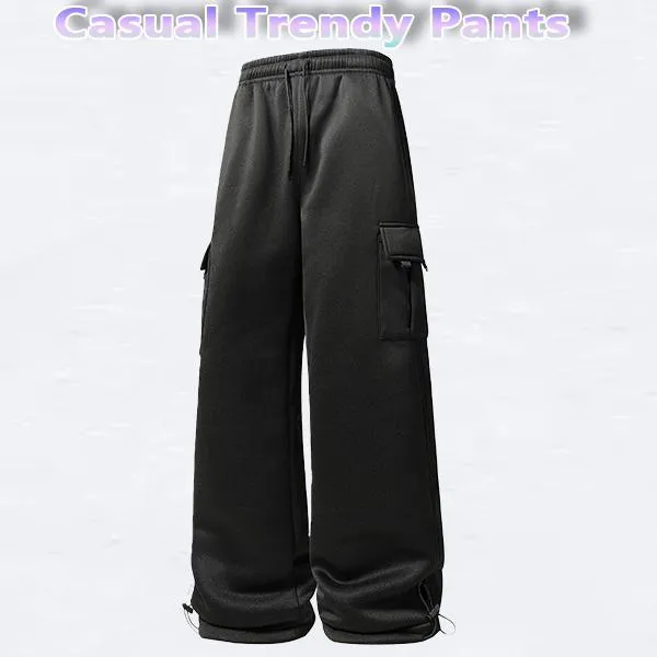 Unisex Casual Loose Waist Straight Pants with Drawstring & Pockets