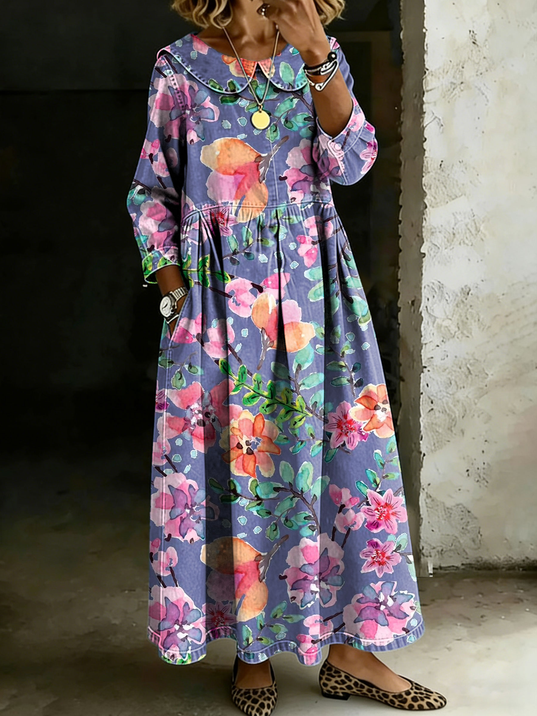 Women's Vintage Flower Peter Pan Collar Long-sleeved Casual Loose Denim Dress