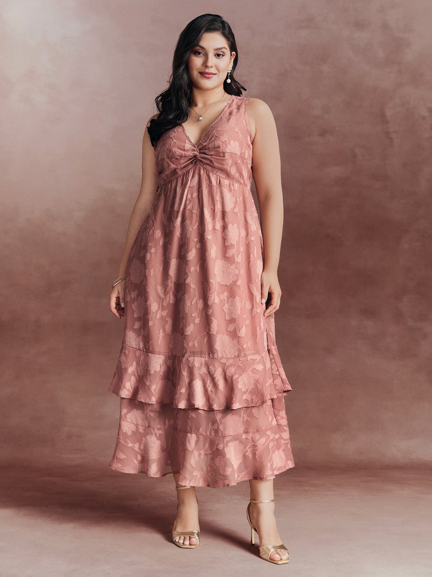 Floral Charm Twist-Front Jacquard Maxi Dress