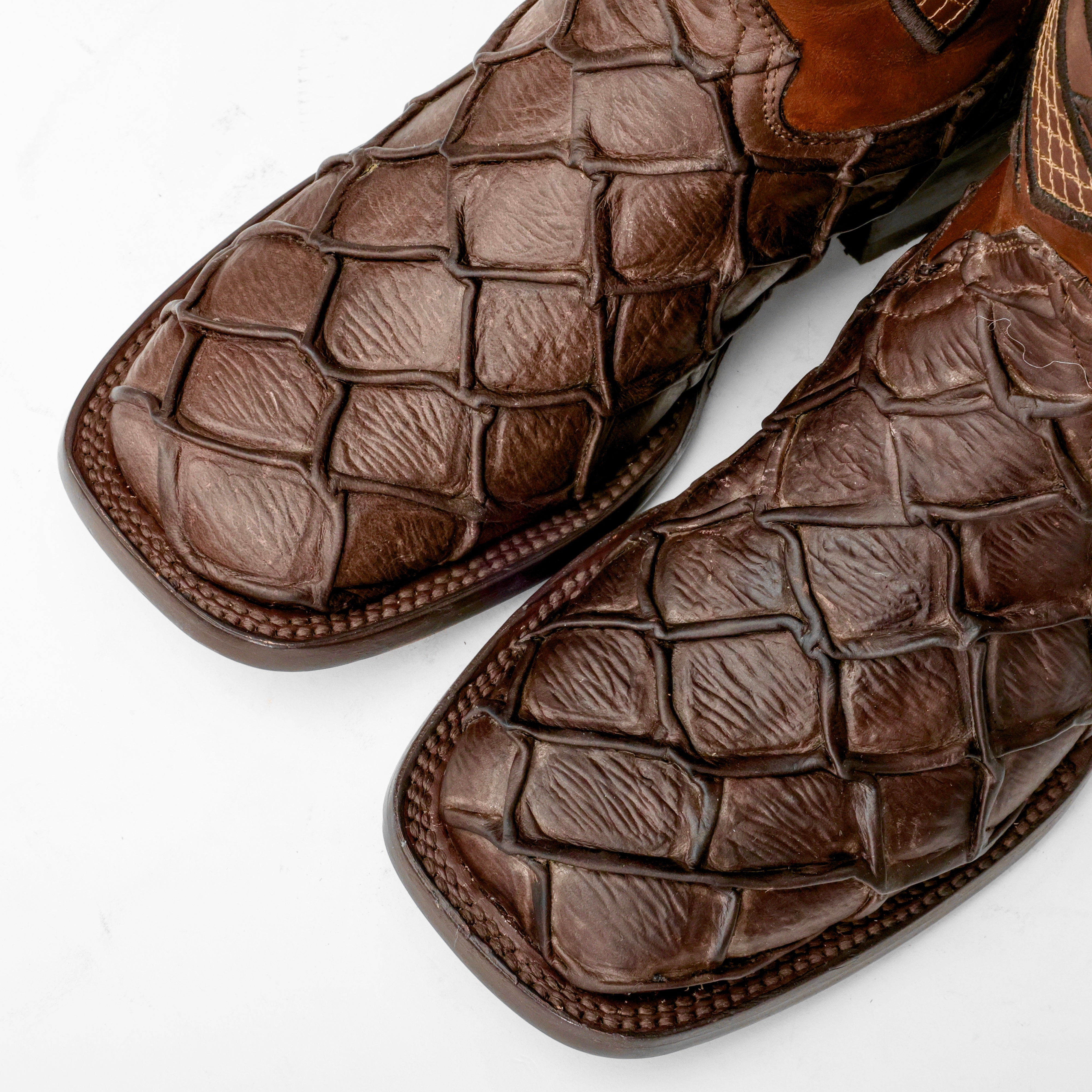 Matte Chocolate Brown Pirarucu Leather Boots - Square Toe