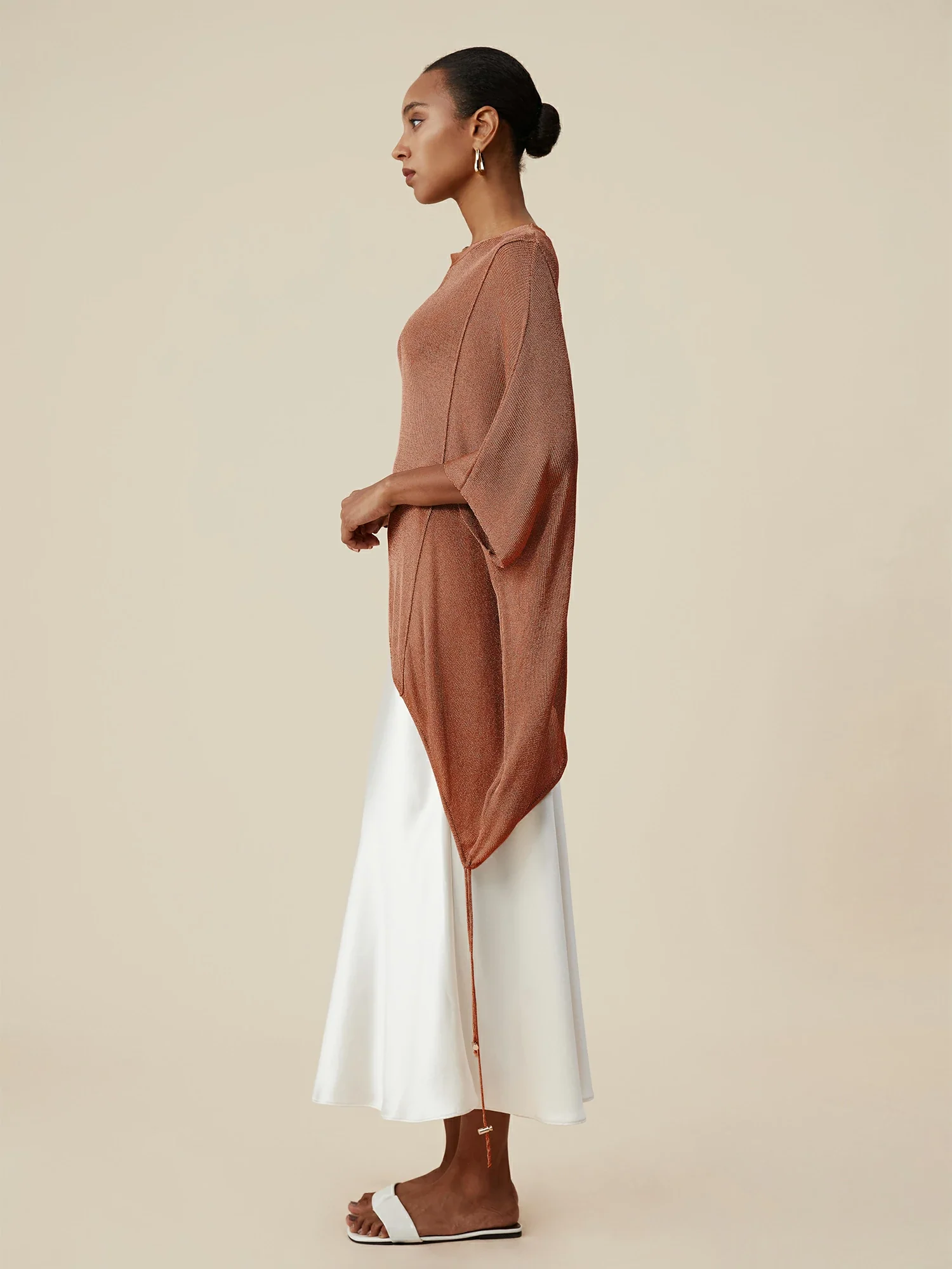 Round Neck Short Sleeve Drawstring Glitter Top