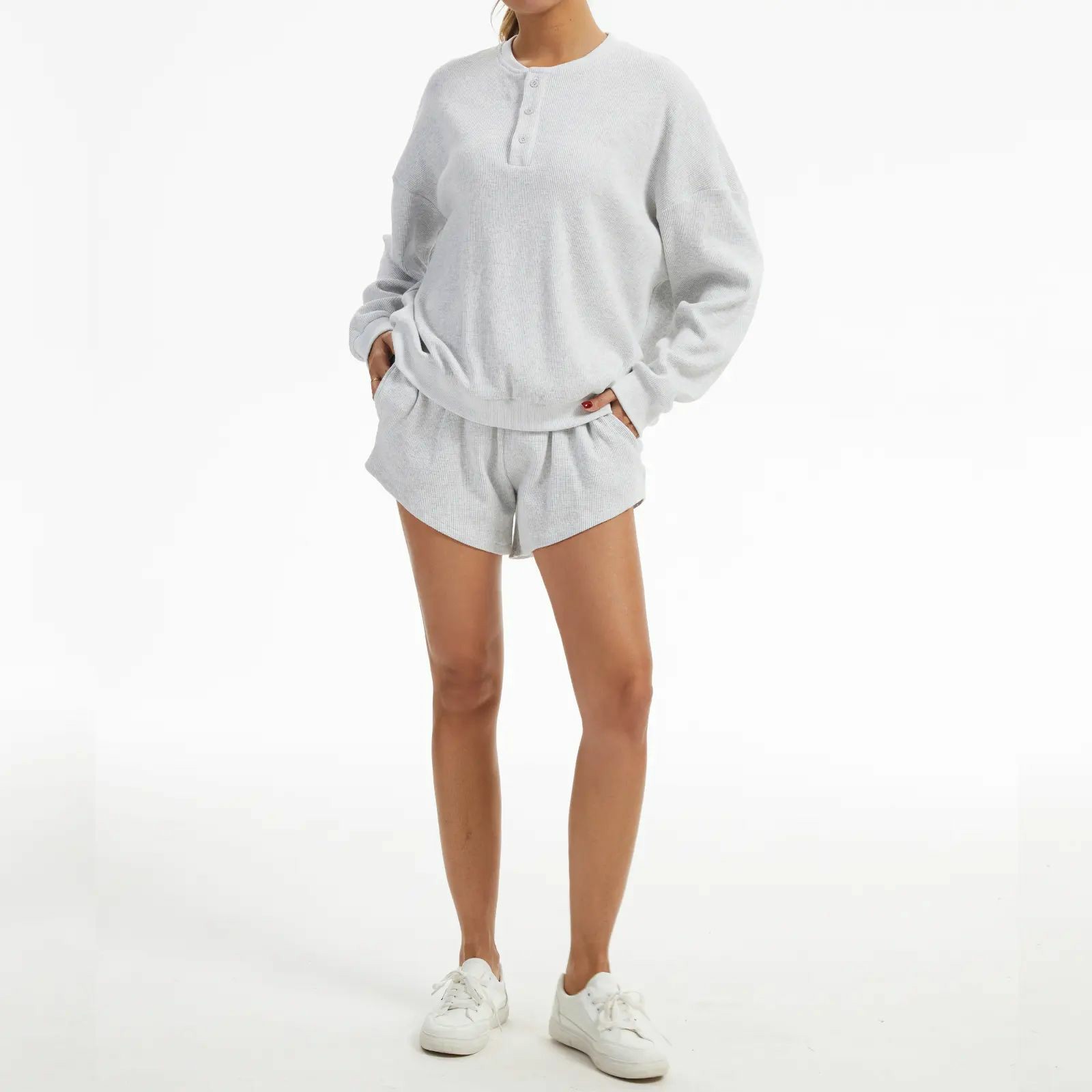 Women's Oversized Waffle Knit Lounge Set – Long Sleeve Henley Sweatshirt and High Waisted Shorts 2 Piece Casual Outfit Summervibes