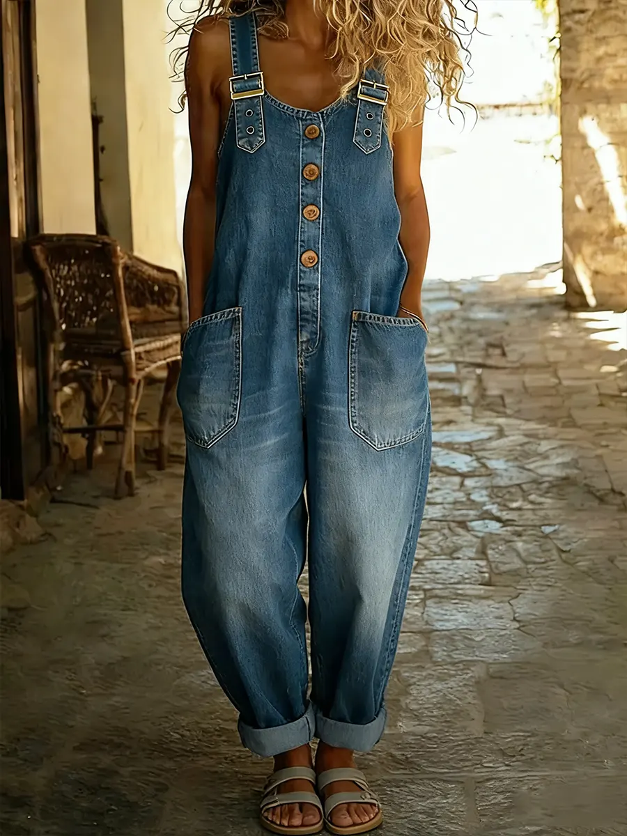 Women's Casual Denim Jumpsuit With Adjustable Buckle