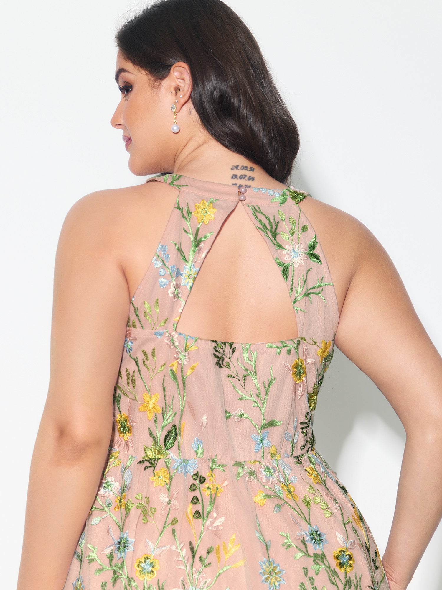 Floral Embroidered Mesh Fit And Flare Mini Dress
