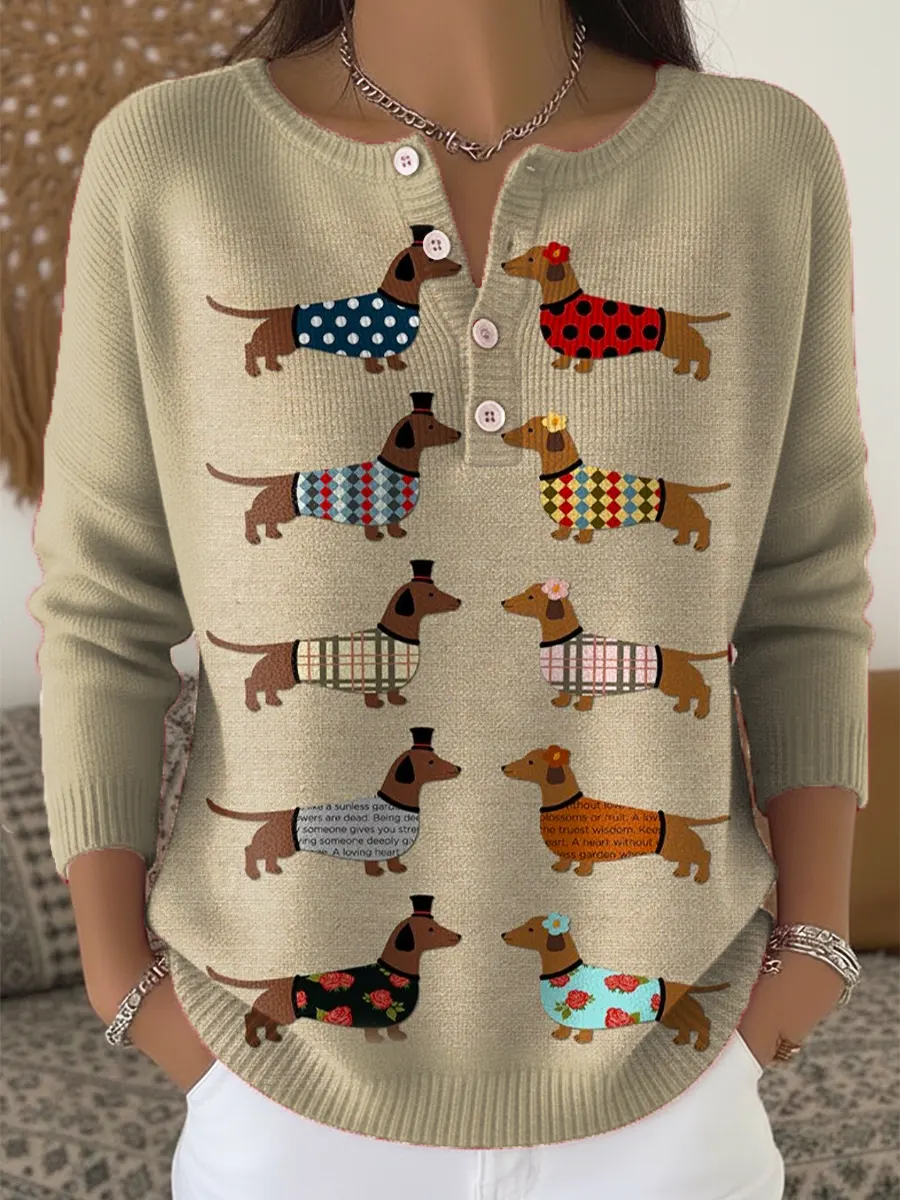 Women's Vintage Funny Dogs Pattern Art Print Casual Cardigan Sweater