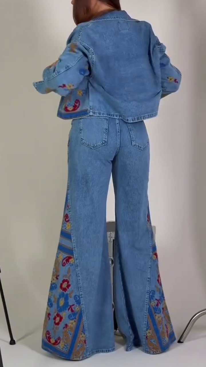 Women Collar Printed Jacket+ Pants Casual Denim Suit