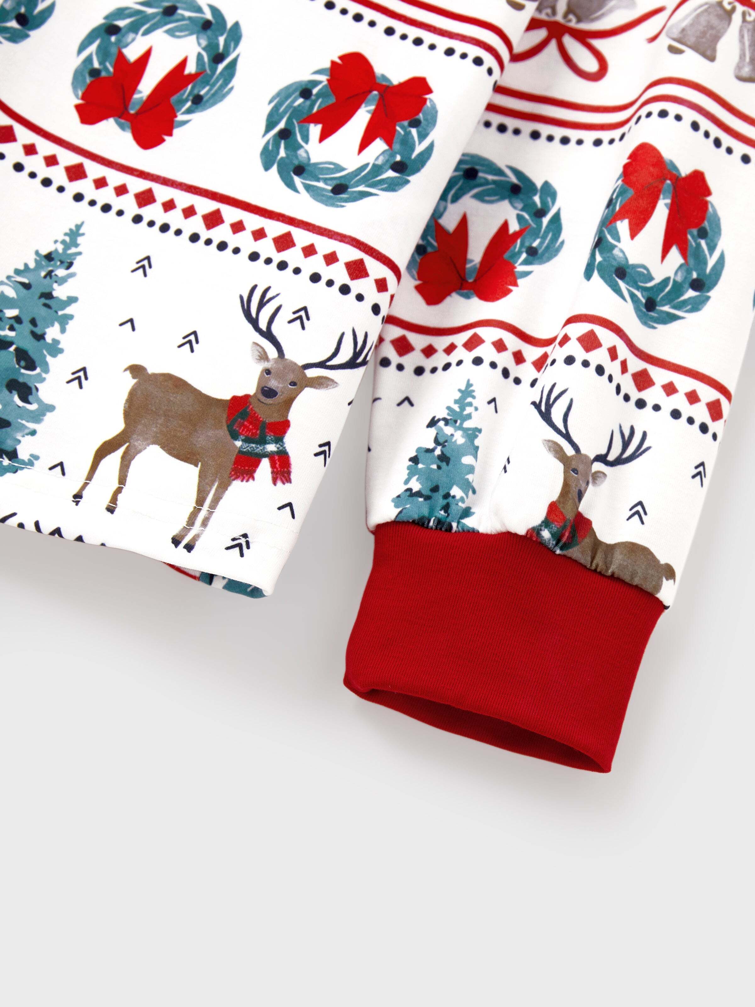 Christmas Matching Family Pajamas Set Christmas Elk and Bell Print Striped PJS with Christmas Socks White