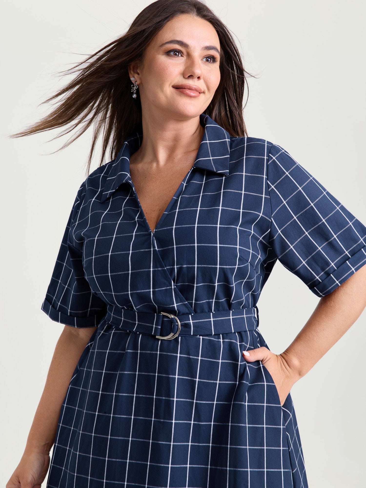 Cotton Checked Print Wrap Neckline Belted Midi Dress