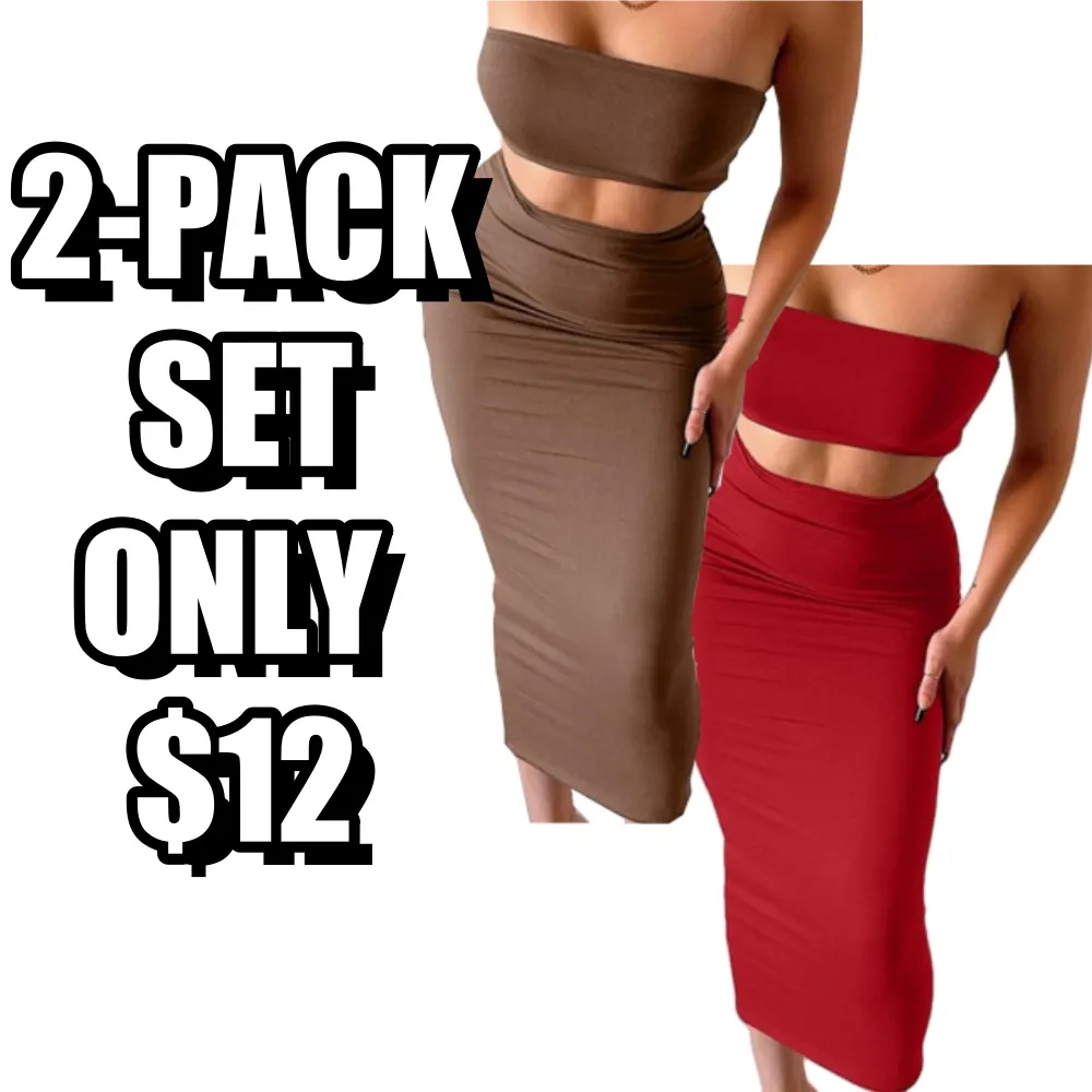 Women's Solid Backless Crop Tube Top & High Waist Skirt Set