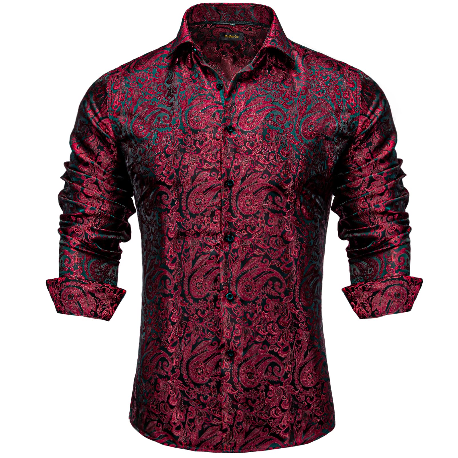 Men's Paisley Dress Shirt Long Sleeve Wrinkle Free Button Down Cowboy Shirts - Deep Red&black&paisley