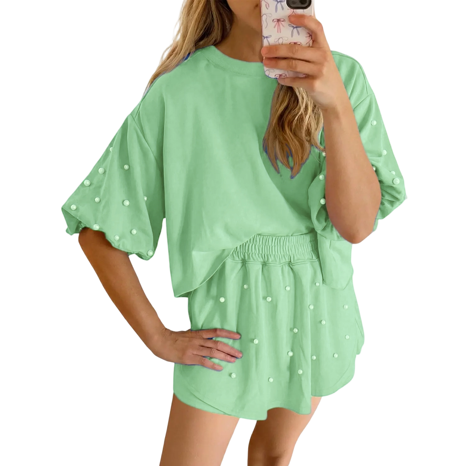 Chic Comfort Pearl Lounge Set – Puff Sleeve Top & Soft Knit Shorts