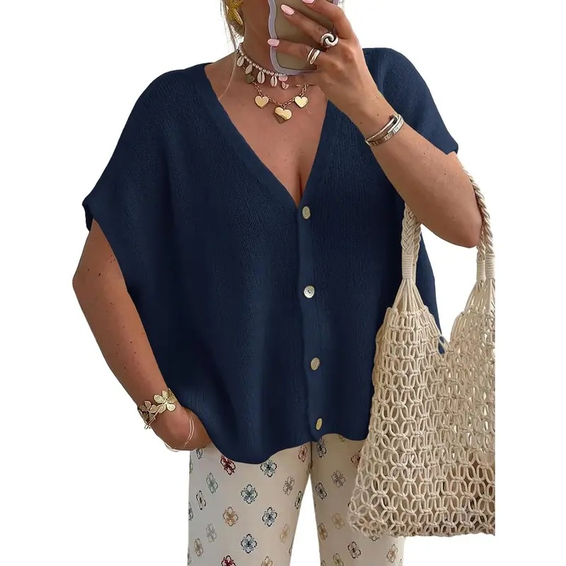 Womens Fall Oversized Cardigans Batwing Short Sleeve Lightweight Button V Neck Casual Knit Sweater Tops