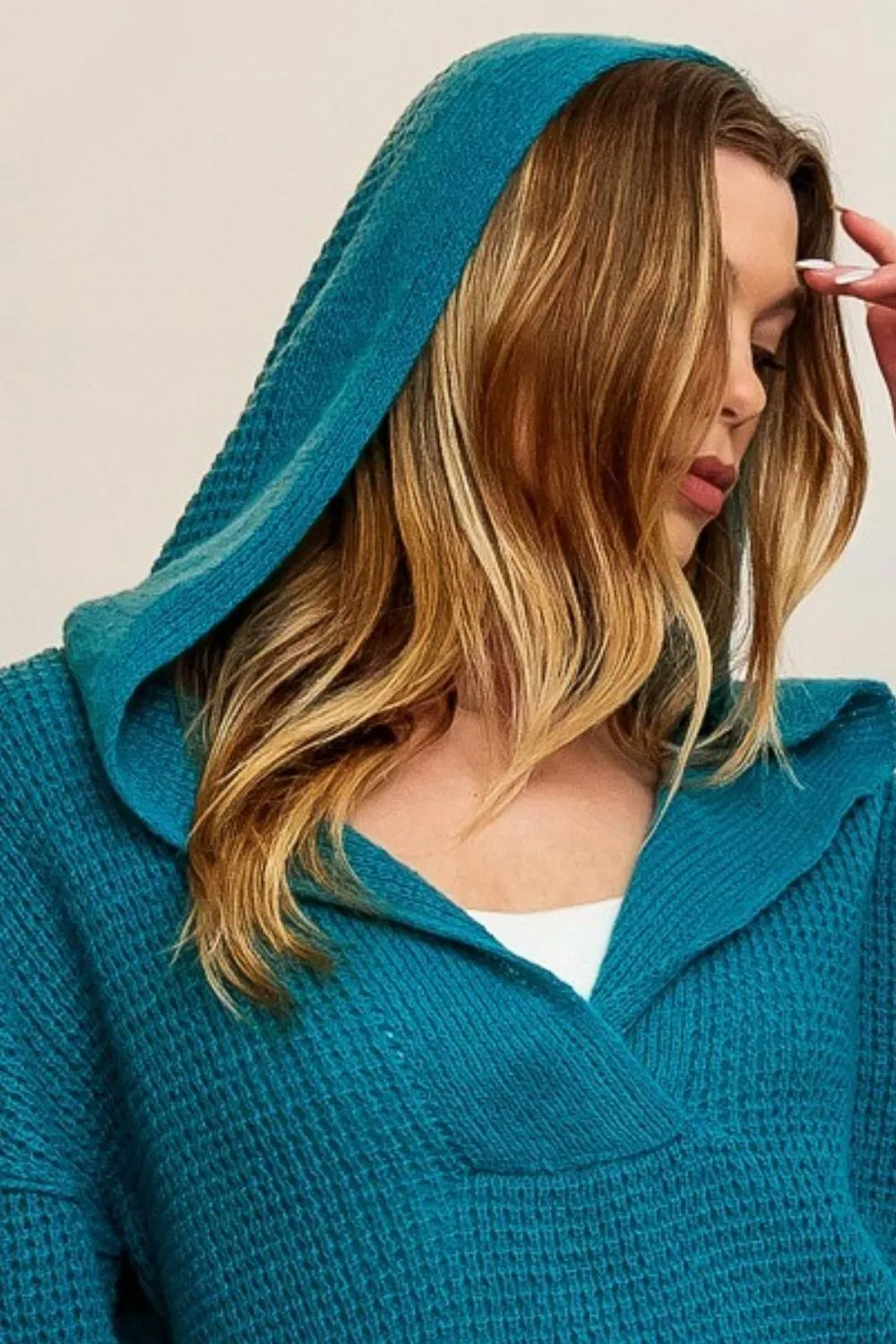 Raw Edge Detail V-Neck Sweater Hoodie