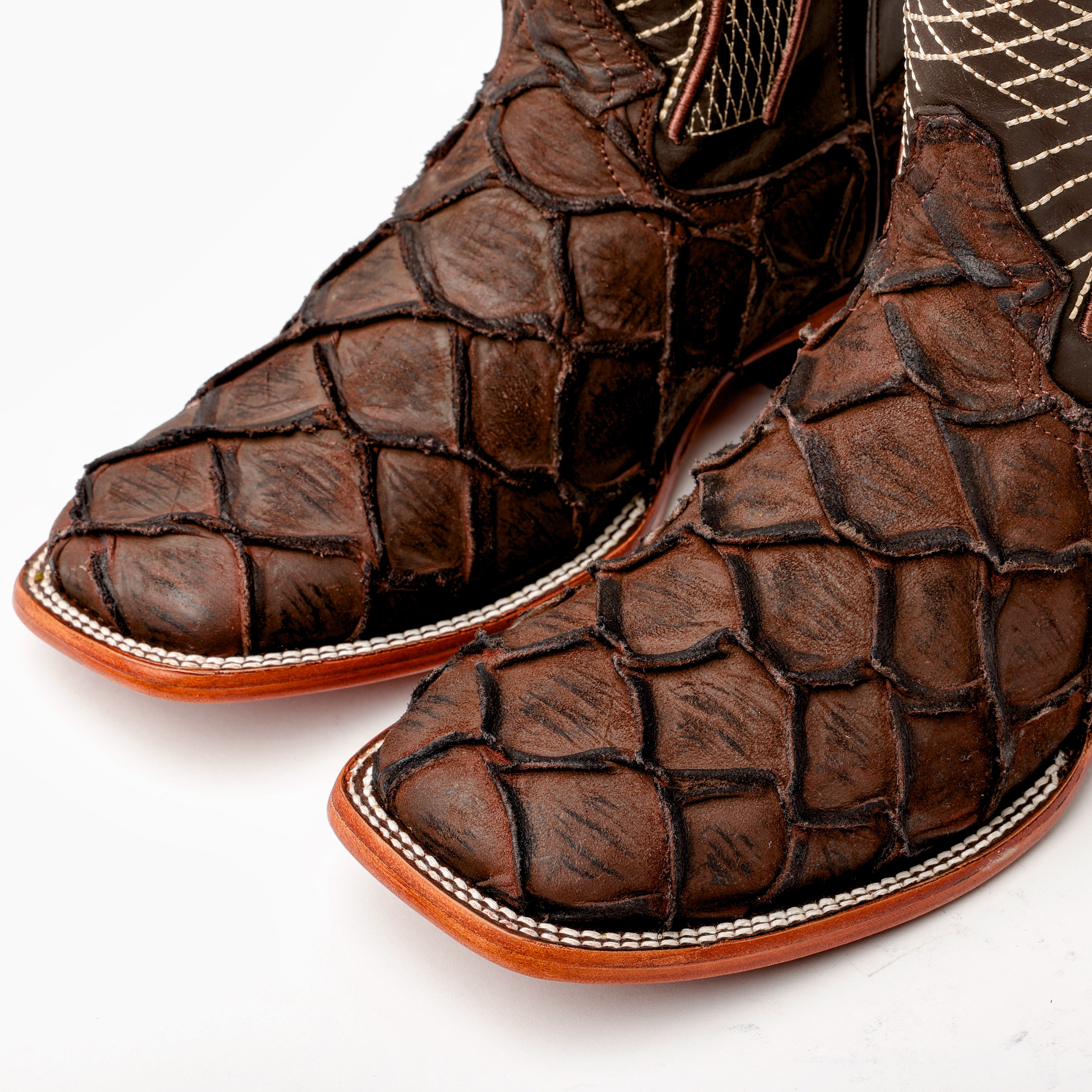 Matte Chocolate Pirarucu Leather Boots - Square Toe