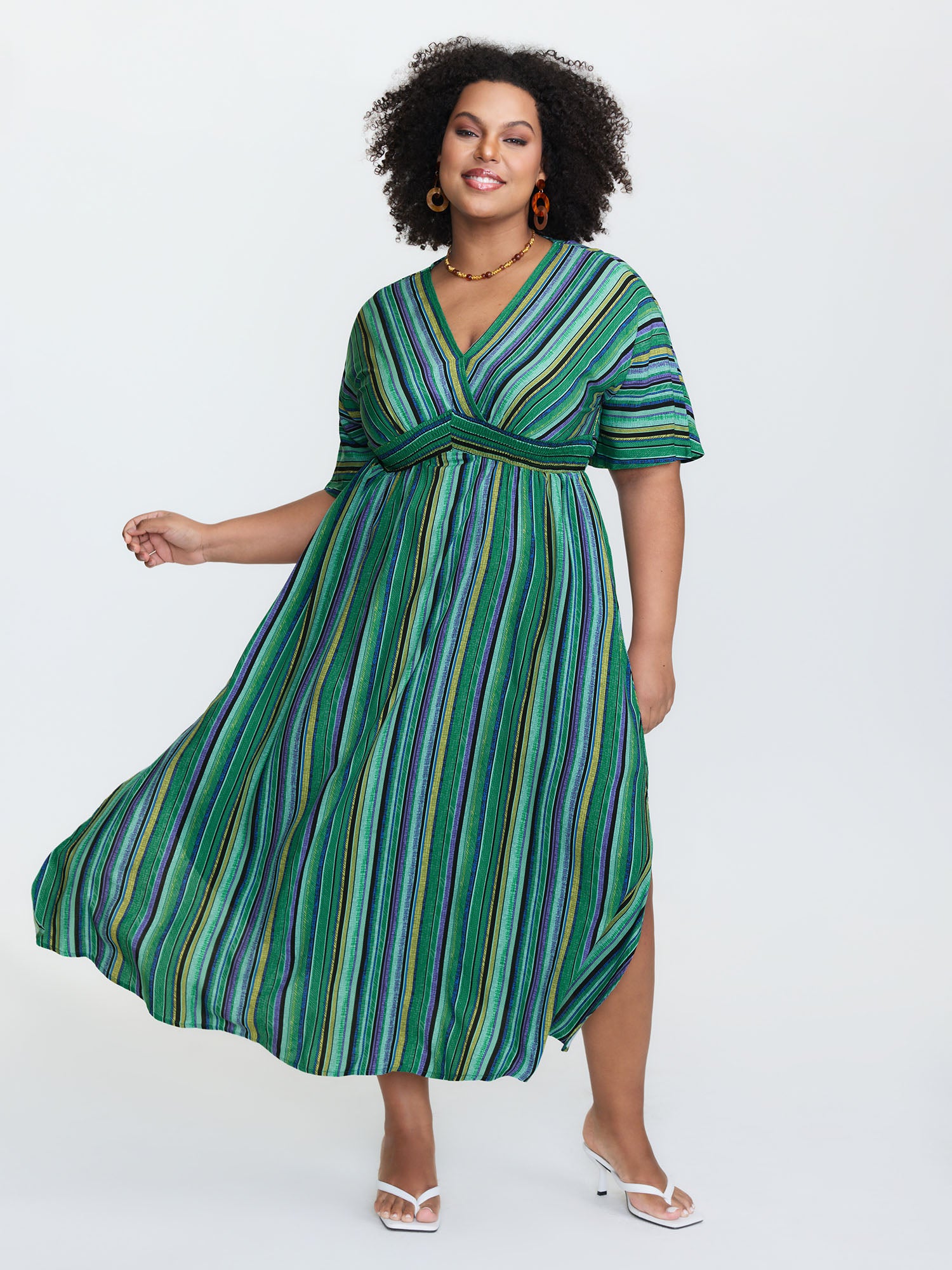 Striped Contrast Dolman Sleeve Shirred Pocket Split Flutter Dress