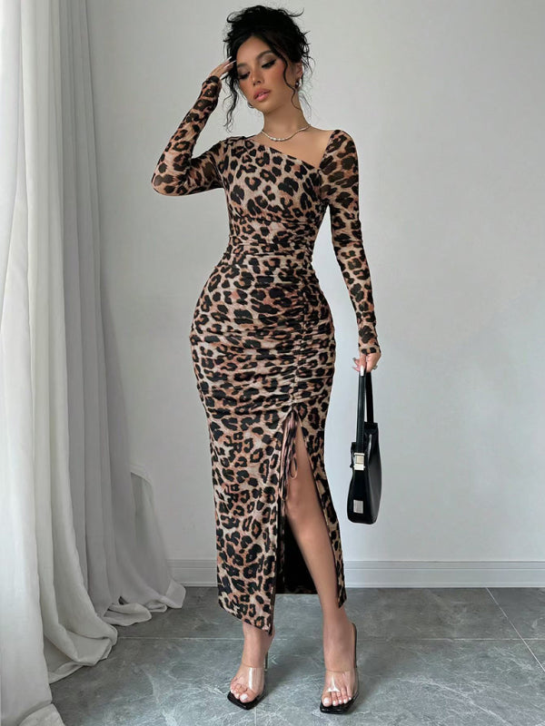 New Women's Round Neck Long Sleeve Leopard Print High Waist Hottie Dress