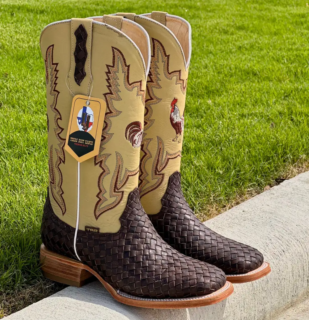 Mens Brown Basket Woven Boots With Cream Shaft