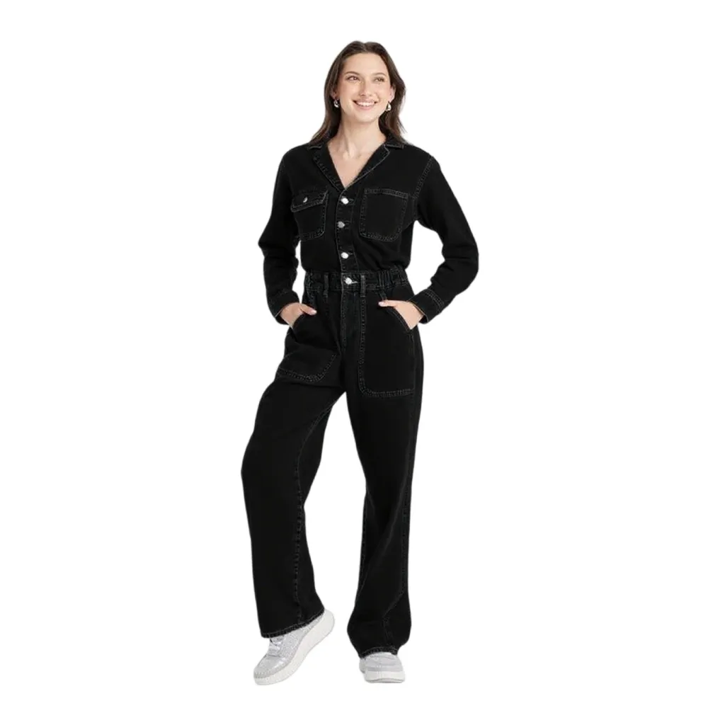 Women's Long-Sleeve Baggy Utility Denim Jumpsuit