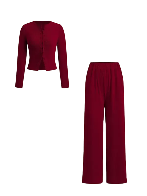 Two-piece Set Women's Solid Button Front Ribbed Crop Top & Elastic Waist Pants