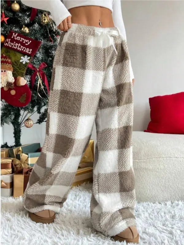 Winter New Vintage Plaid Elastic Straight Loose Thick Warm Casual Pants