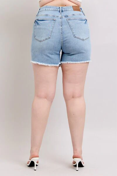 Blue Full Size Tummy Control Raw Hem Denim Shorts