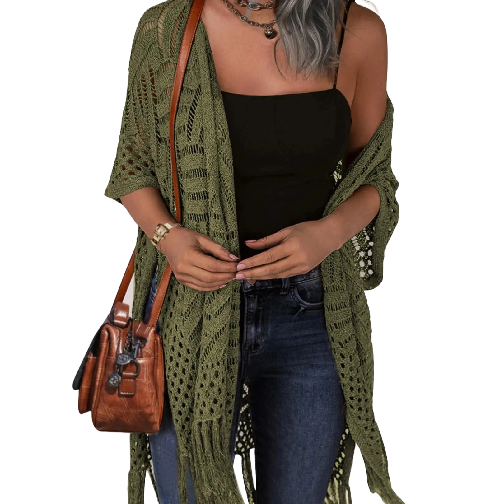 Womens Knit Cardigan Open Front Outwear New Spring & Summer Hollow Out Crochet Tassel Lightweight Kimonos Sweater