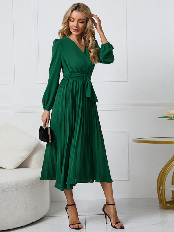 Long Sleeve Slim Pleated Belt V-Neck Dress A-Line Skirt