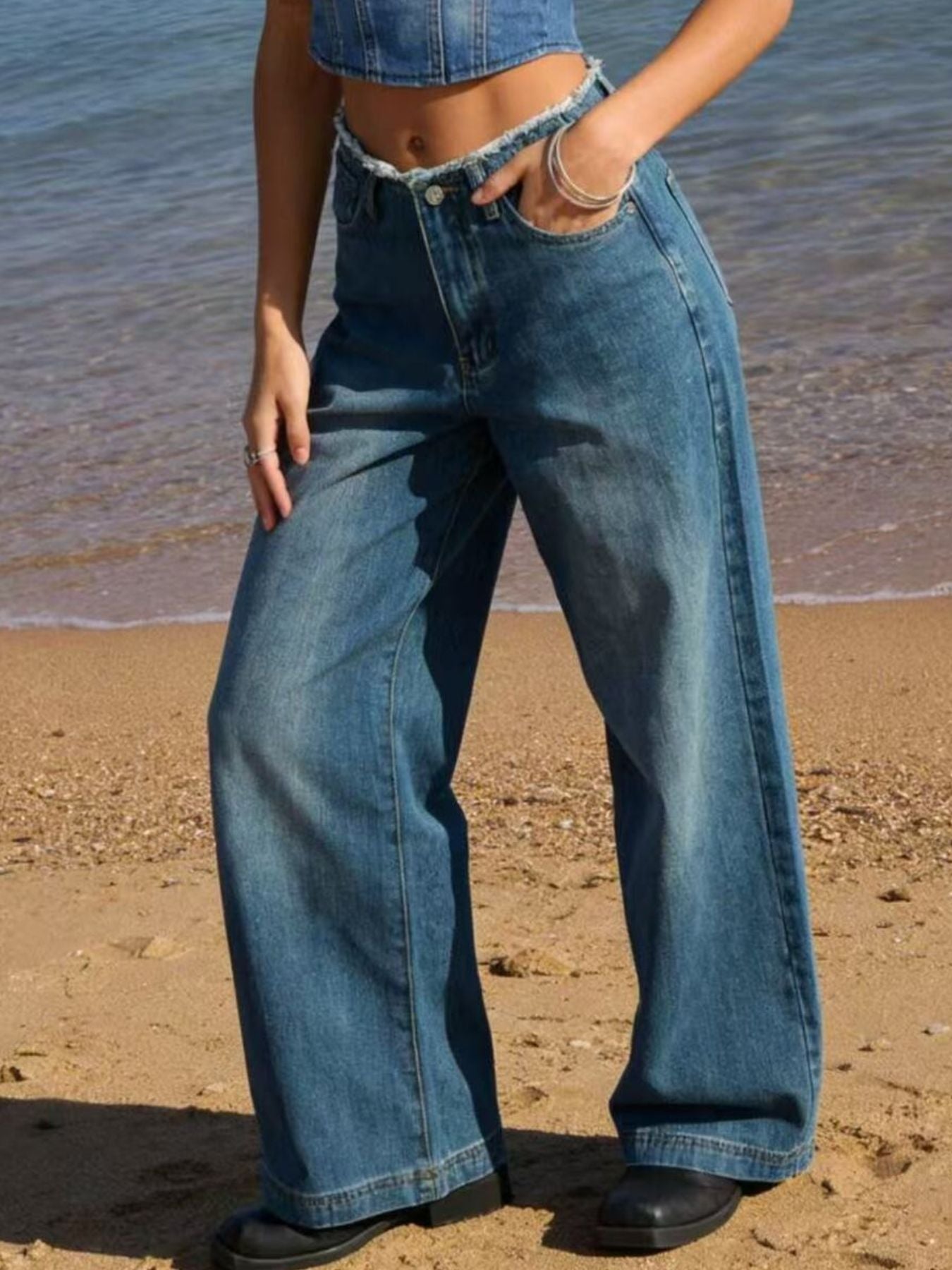 Frayed Hem Wide Leg Jeans