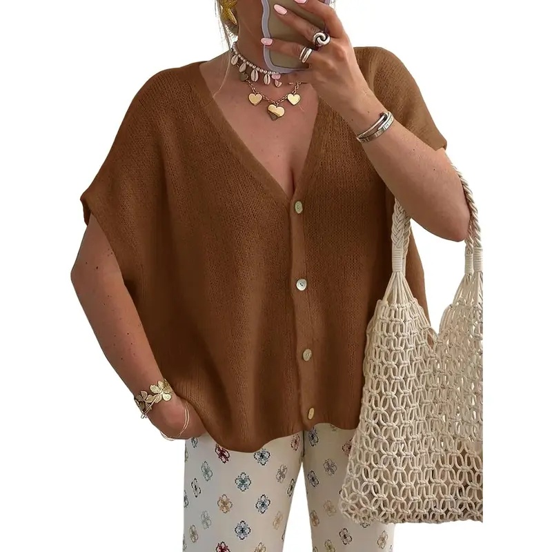 Womens Fall Oversized Cardigans Batwing Short Sleeve Lightweight Button V Neck Casual Knit Sweater Tops