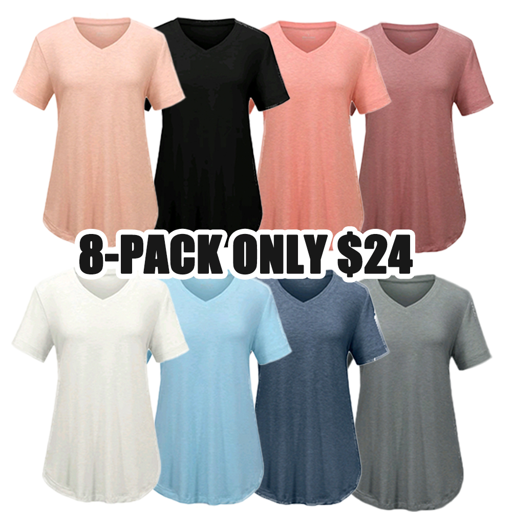 Short Sleeve Shirts for Women Casual V-Neck Plain Tees - Set of 8, Various Color Combinations, Curved Hem Comfort Womenswear