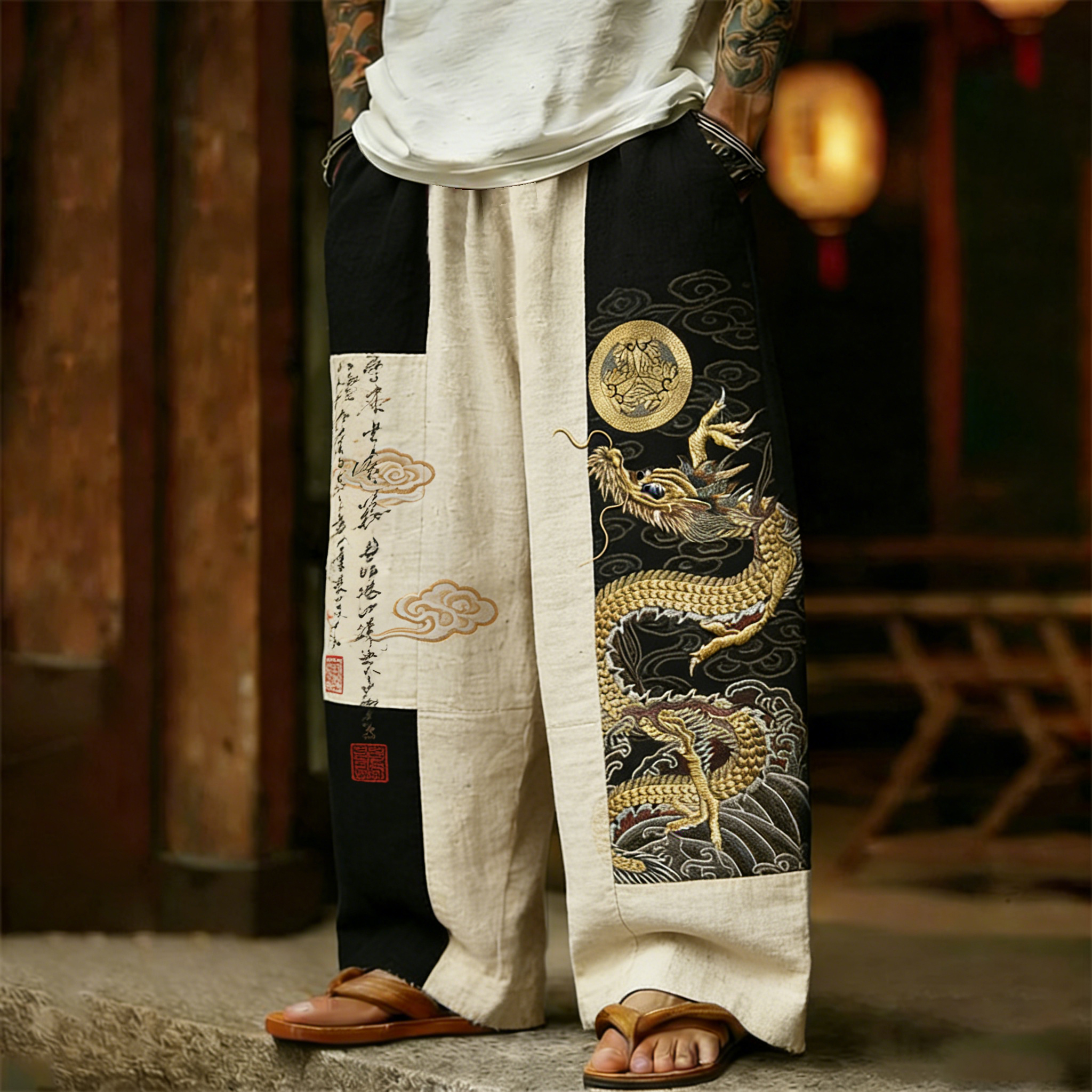 Men's Retro Dragon And Calligraphy Art Wide Leg Linen Pants
