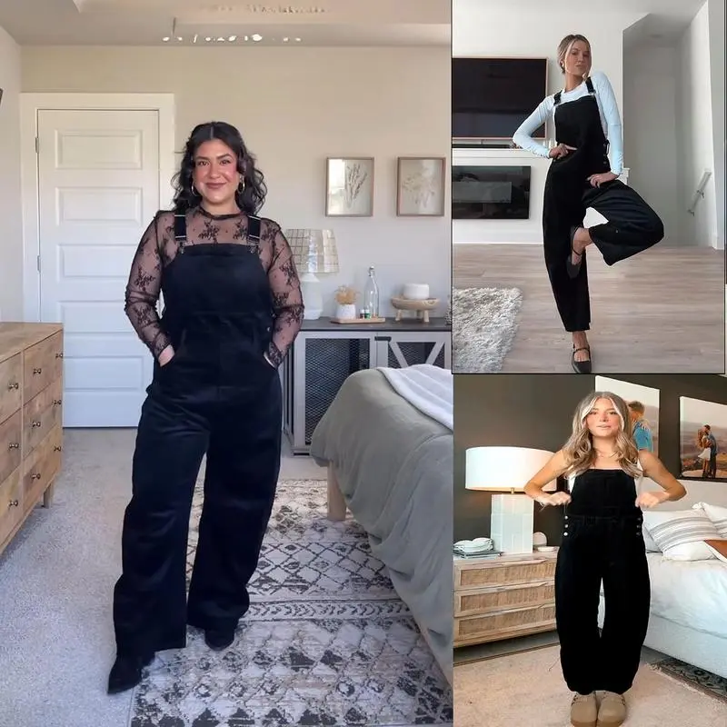 Women's Corduroy Overalls Barrel Wide Leg Bib Pants