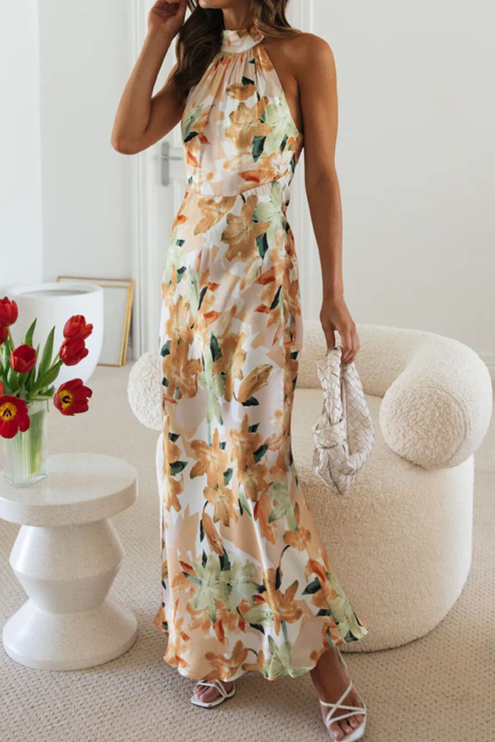 Floral Print Halter Neck Maxi Dress