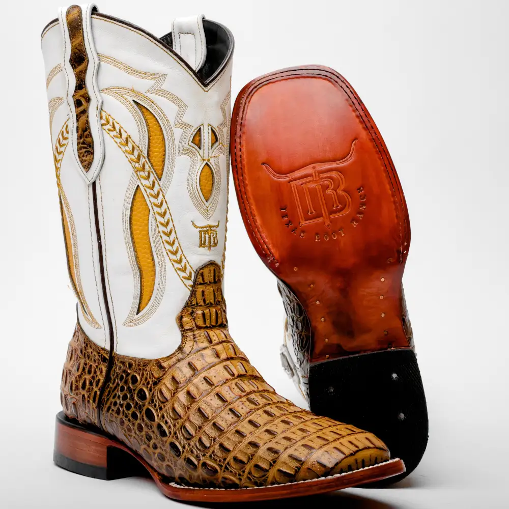 Honey Caiman Hornback Leather Boots - Square Toe
