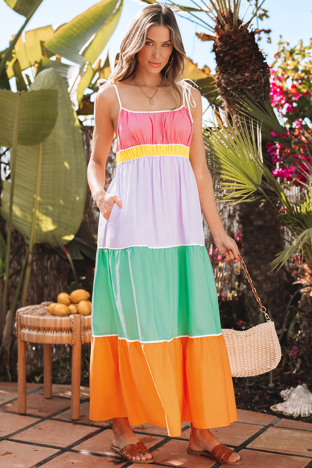 Multicolour Colorblock Self-Tie Straps High Waist Flowy Maxi Dress With Pockets