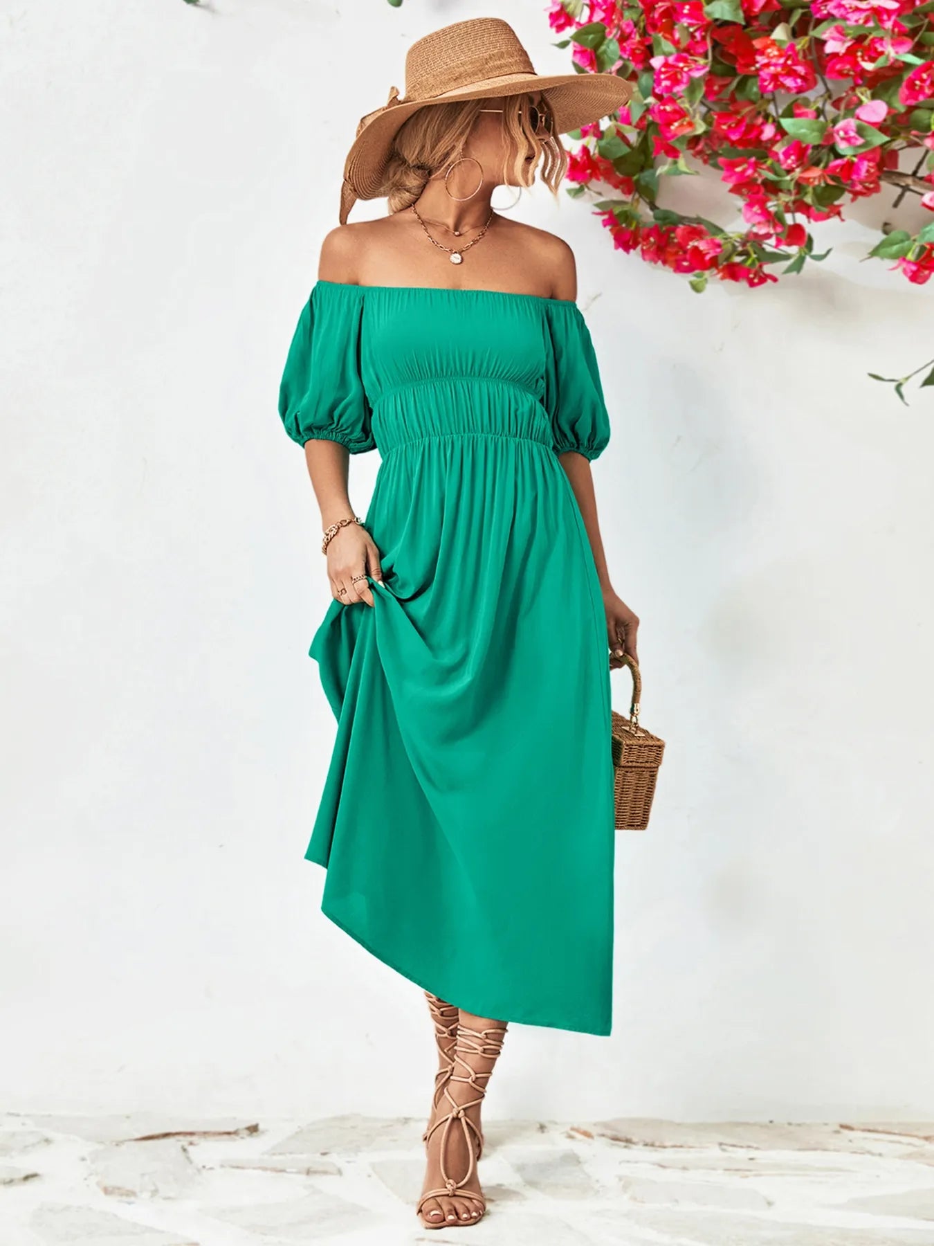 Off-Shoulder Puff Sleeve Smocked Maxi Dress