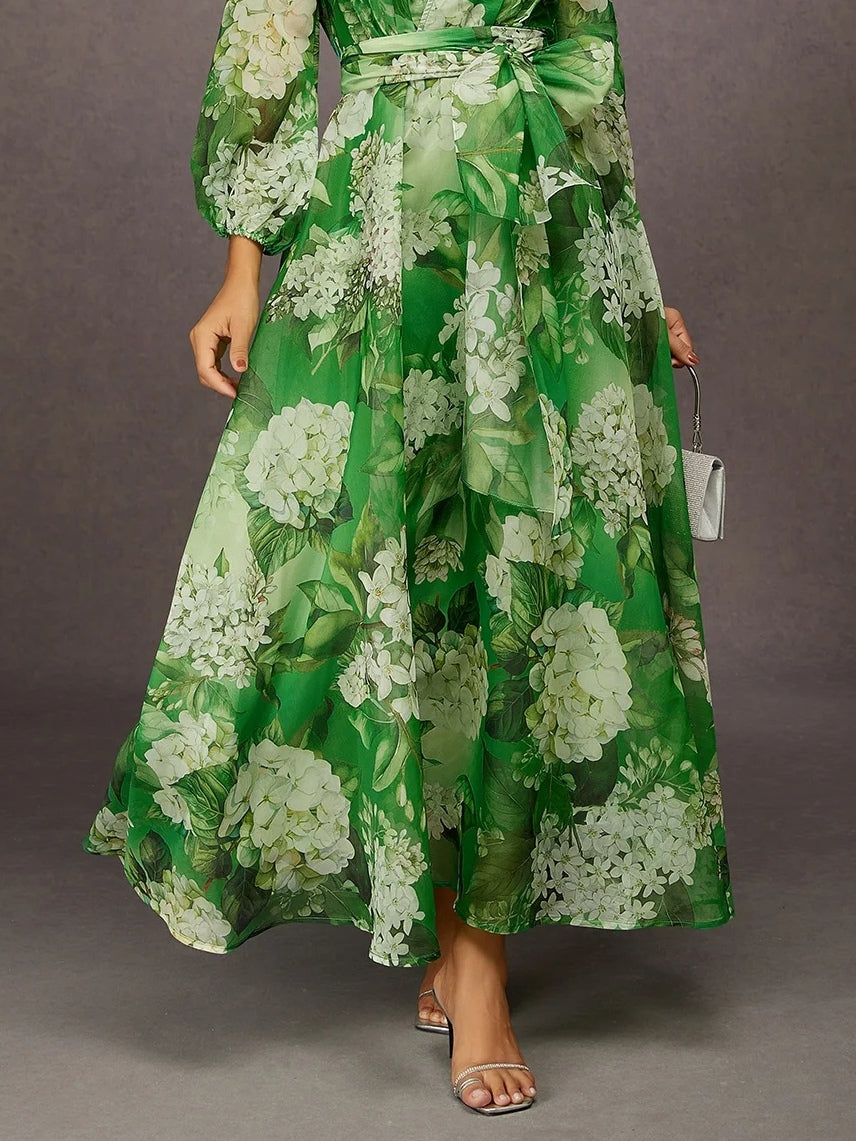 Green Floral Print V-neck Long-sleeved Chiffon Maxi Dress