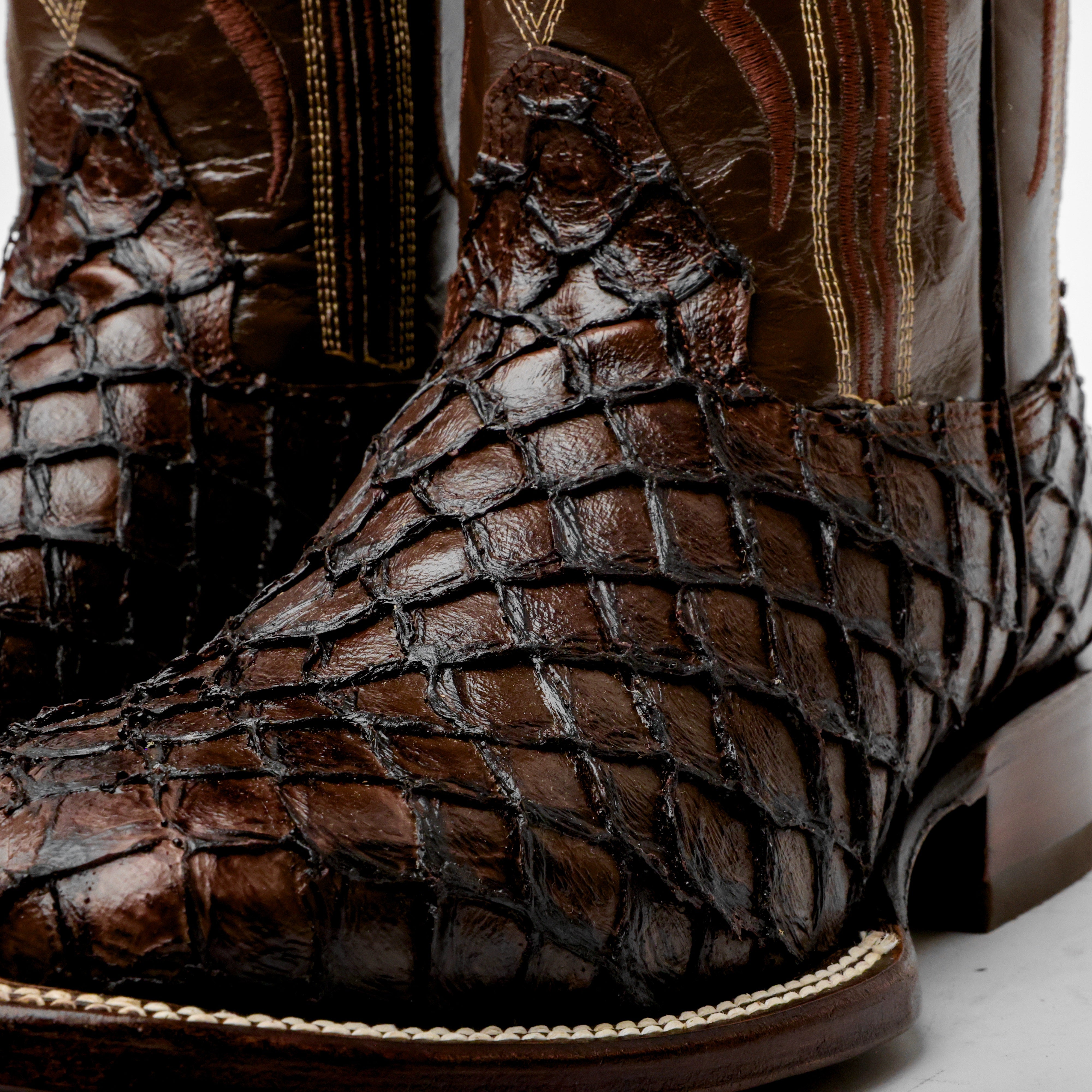 Chocolate Brown Mini Pirarucu Leather Boots - Square Toe