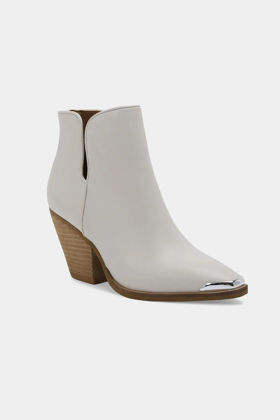 Pointed Metal-Tip Toe Block Heel Ankle Boots in White