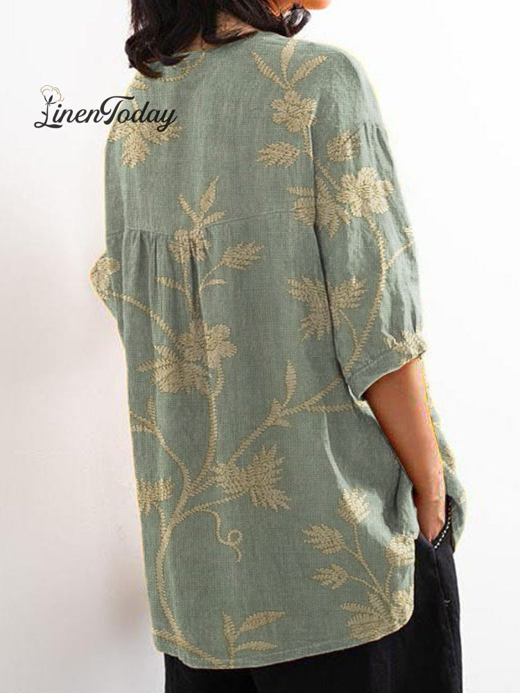 Women's Retro Floral Art Print Casual Cotton And Linen Shirt