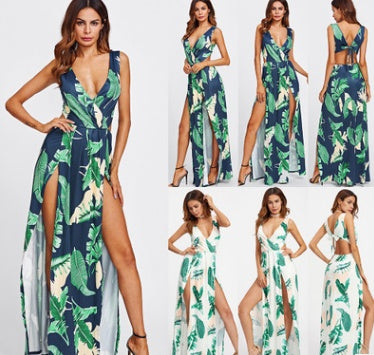 Botanical Print Slit Backless V-Shaped Nightclub Maxi Dress