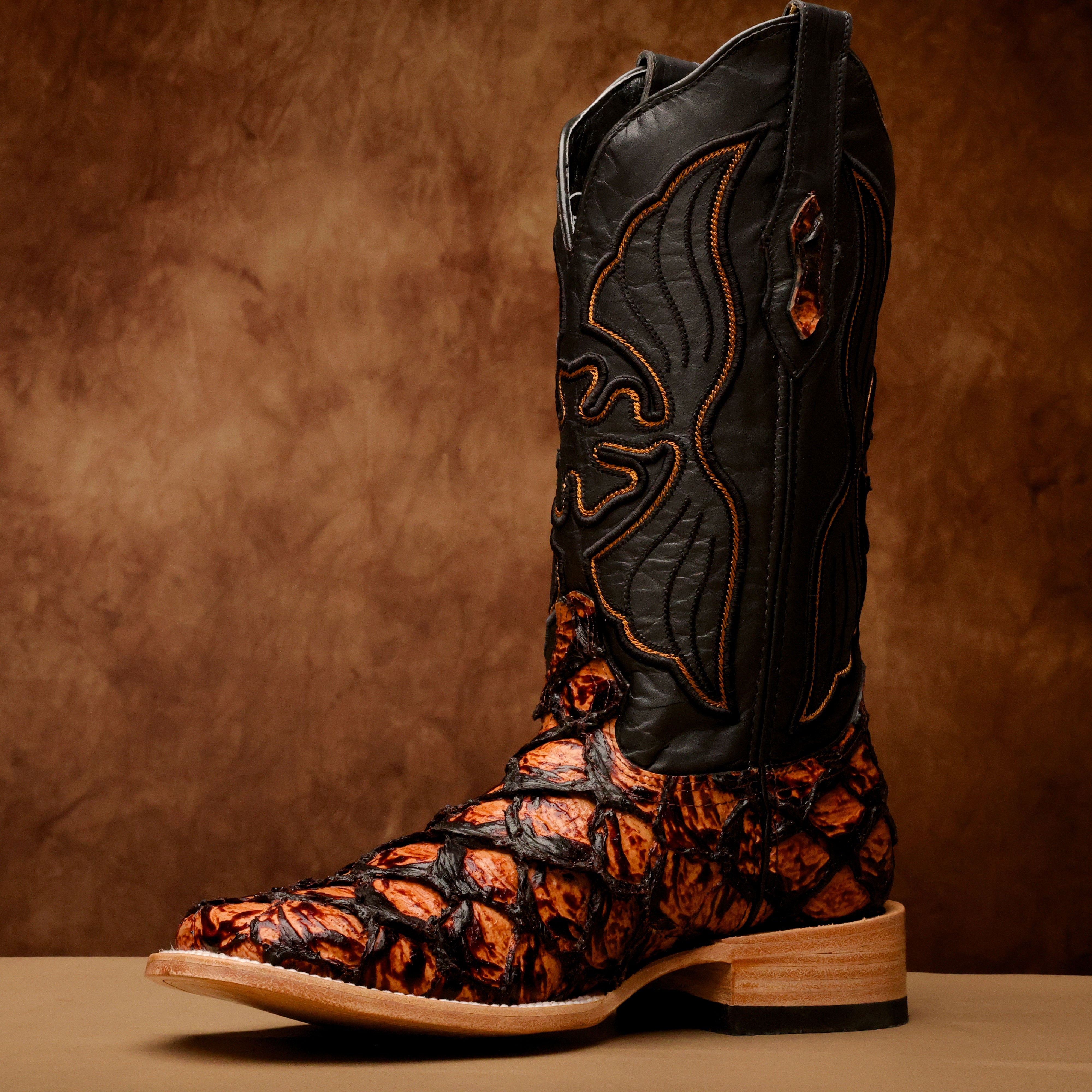 Cognac Jumbo Pirarucu Leather Boots - Square Toe