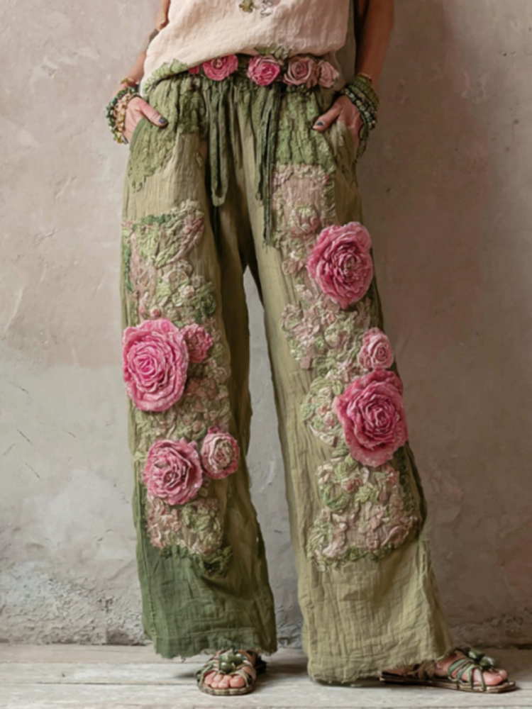Vintage Floral Embroidered Art Print Straight Leg Linen Blend Pants