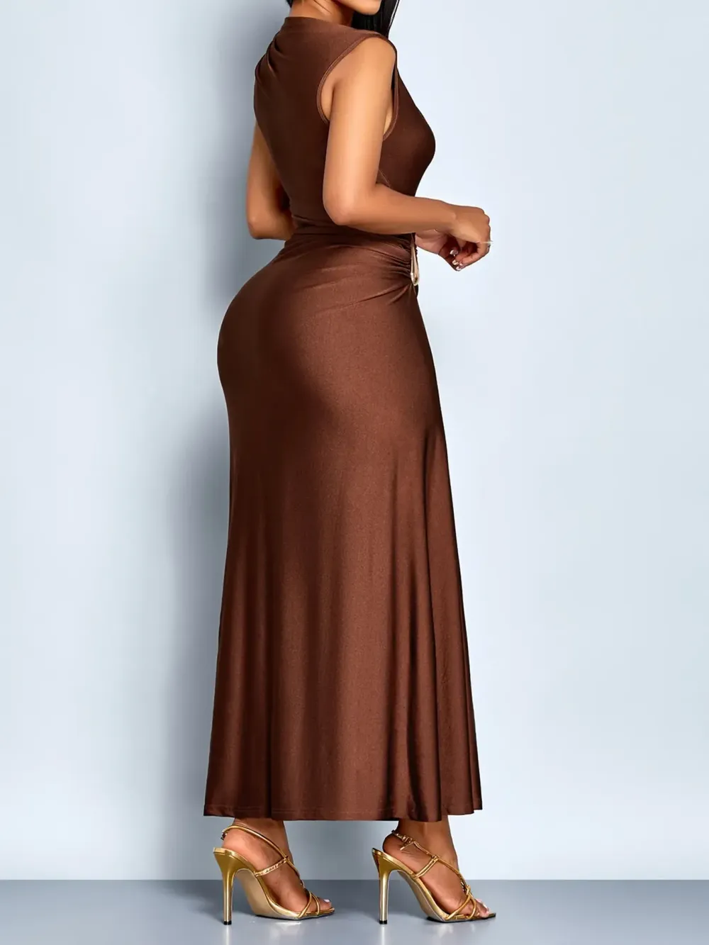 Aliling Elegant Chic Sleeveless Midi Dress for Women High Waist Folds Boat Neck Bodycon Fitted