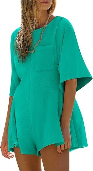 Women Spring Outfits Summer Casual Short Sleeve Crew Neck Loose Jumpsuits with Pocket