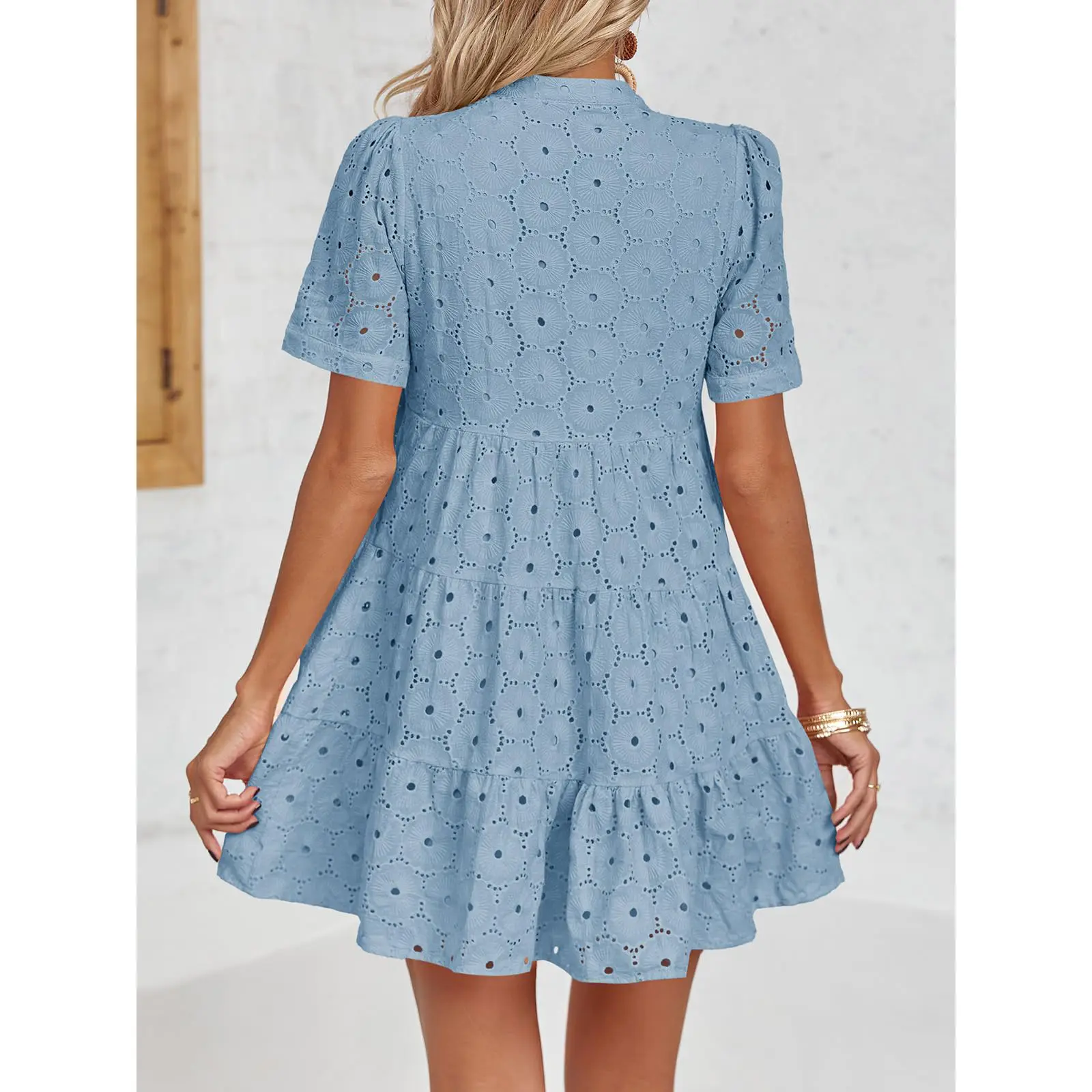 Women’s Summer Lace Dresses Eyelet Casual Flowy Babydoll Swing Short Sleeve V Neck Tunic Dress