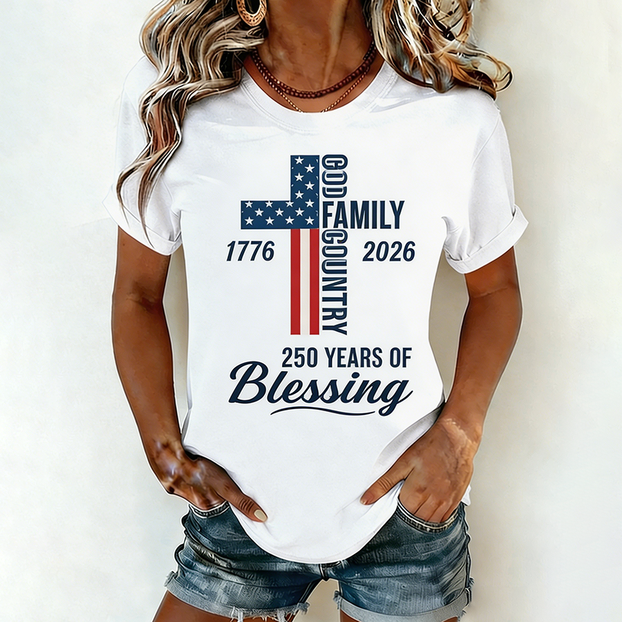 Women's God Family Country 250 Years Of Blessing Cross T-Shirt