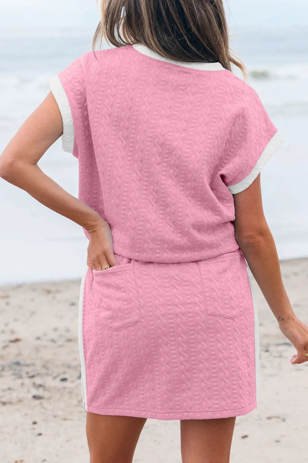 Textured Round Neck Top And Skirt Set