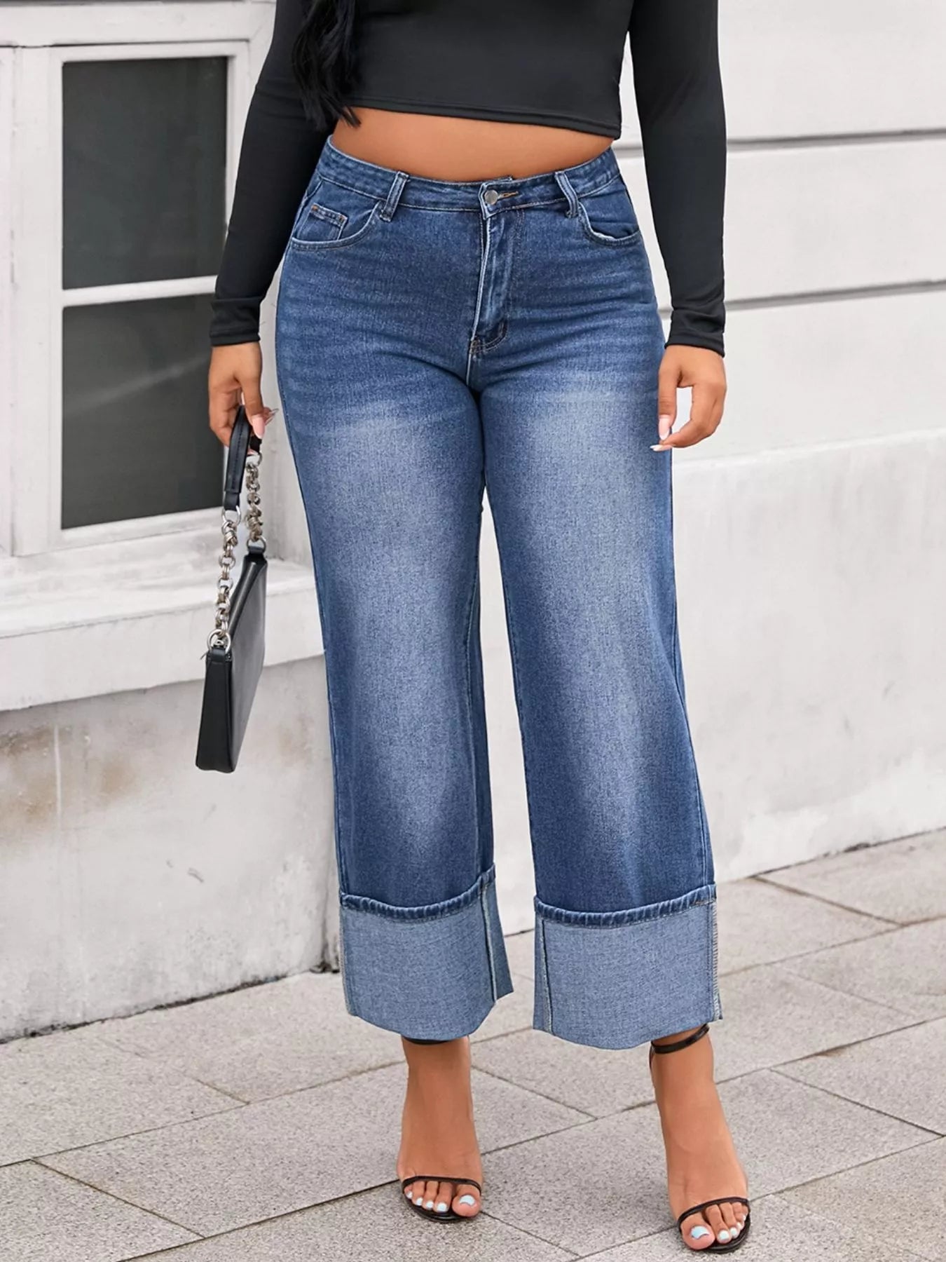 Plus Size High Waist Cuffed Wide Leg Jeans