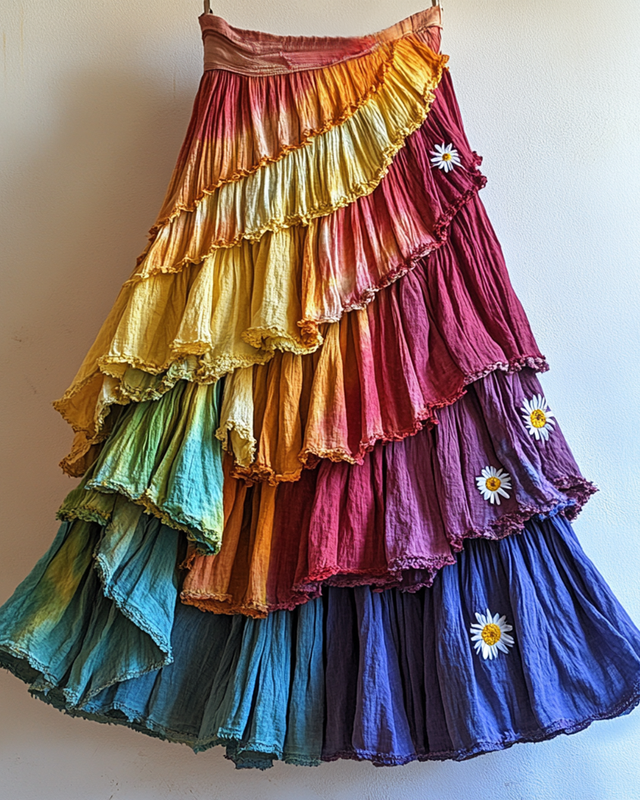 Summer Rainbow Gradient Daisy Embroidered Skirt 3d05